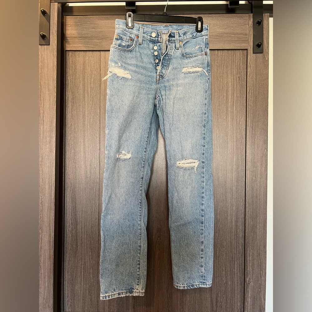 Levi's 501 Jeans Button Fly Straight Leg Light Wash Distressed 24 x 30